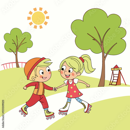 Children's Illustration: Boy and Girl Roller Skating Together in the Park