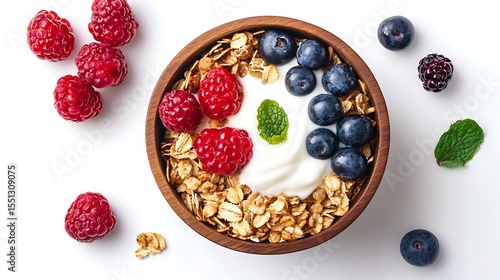 Granola bowl with yogurt and mixed berries top view isolated on white background