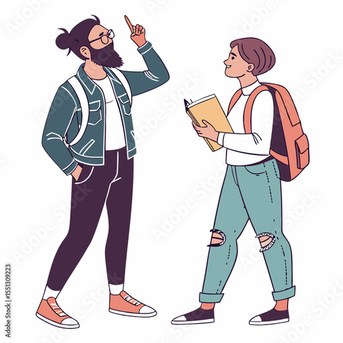 Illustrated travelers explore together, discovering new places and sharing joy