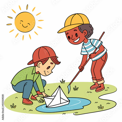 Joyful childhood scene: Two boys playing with a paper boat under a smiling sun
