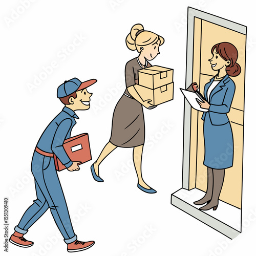 Illustration of a delivery scene depicting service interaction between people
