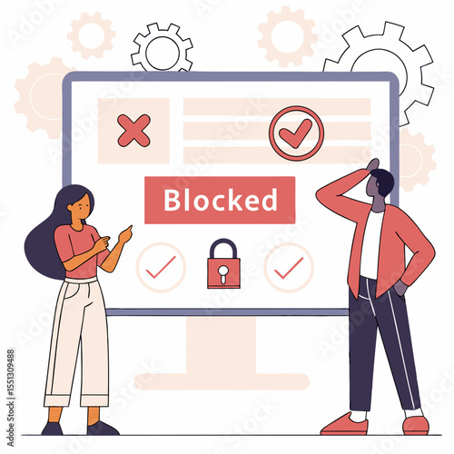 Frustrated users facing an account block and restricted access on a computer screen