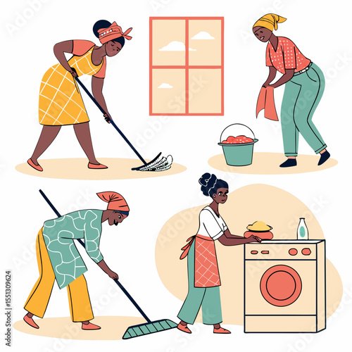 Illustrations showing diverse women doing chores and keeping the house clean