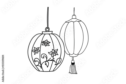 Line art two hanging lanterns floral design one tassel