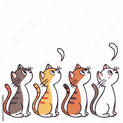 Animated feline friends gazing upwards in curiosity, white space background illustration