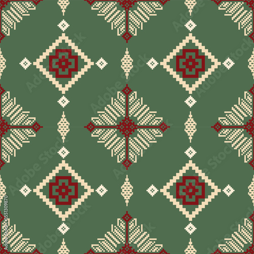Nordic Seamless Pixel Cross Stitch Pattern – Traditional Folk Textile Design. Ideal for Christmas crafts, fabric design, wrapping paper, scrapbooking, and digital backgrounds.