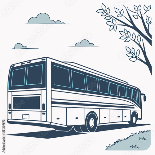 Stylized Vector Illustration of a Modern Coach Bus in Serene Landscape