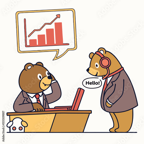 Whimsical business meeting with bears discussing stock market growth trajectory