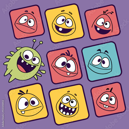 Collection of whimsical cartoon characters on colorful squares, vector graphic