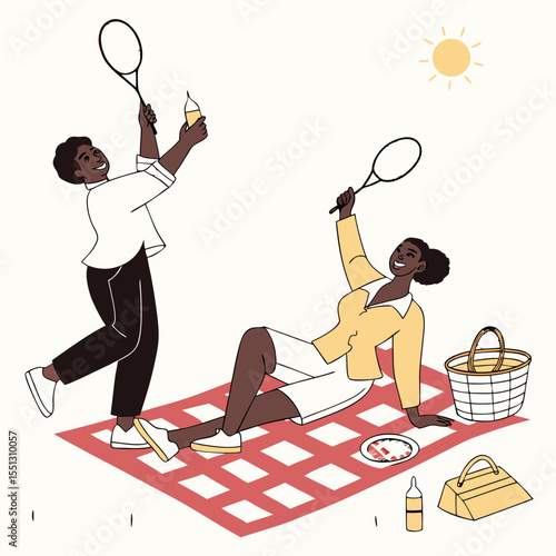 Joyful afternoon leisure: A couple enjoys casual picnic with tennis, under sunlight