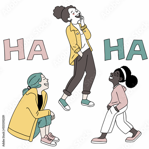 A Trio of Individuals Expressing Joy Through Laughter in Diverse Poses and Styles