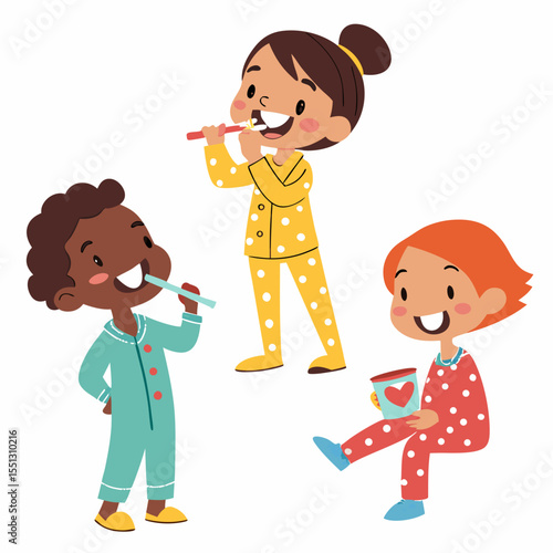 Illustrative depiction of diverse children engaging in bedtime dental hygiene routine