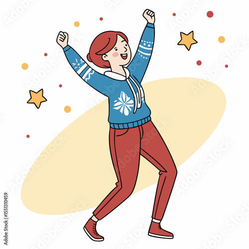 Vibrant illustration of a jubilant woman expressing joy with raised arms and excitement