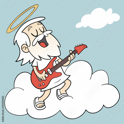 Celestial Rocker: Angelic Musician Performing on a Cloud with Guitar Harmony