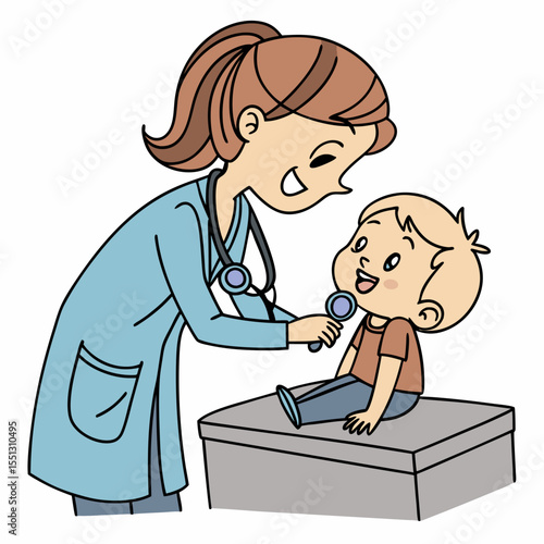 Pediatrician examining a young boy with a tongue depressor illustration