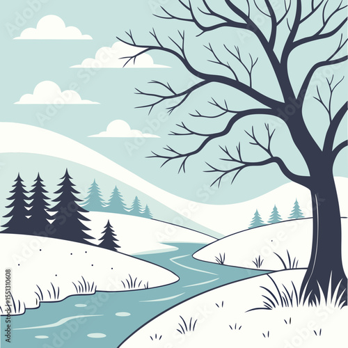 Serene winter landscape with a winding river and snow-covered hills vector scene