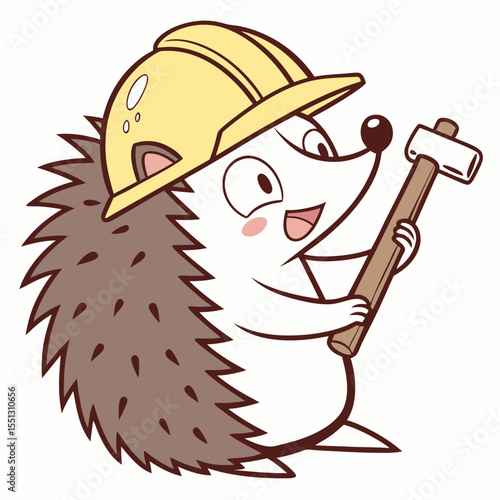 Adorable hedgehog builder cartoon illustration wearing hardhat and holding hammer