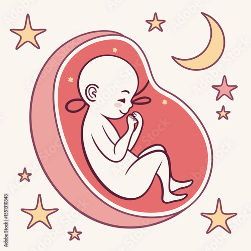 Dreamy slumber of an unborn child amidst celestial bodies in a secure space