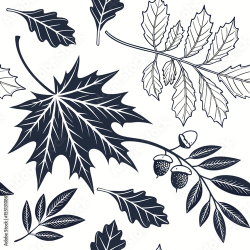 Elegant botanical pattern featuring diverse tree foliage and acorn clusters
