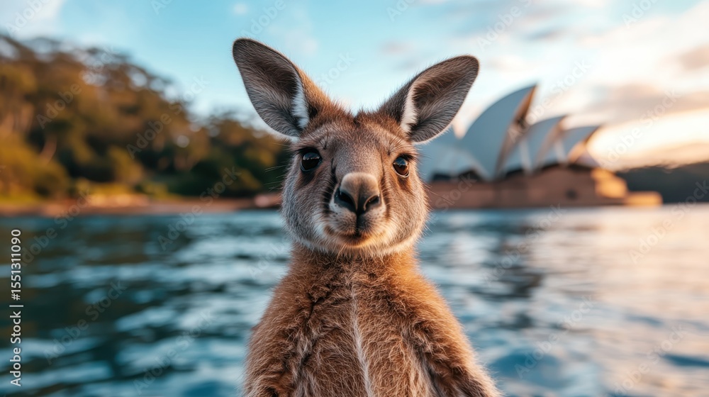 Fototapeta premium A curious kangaroo stands by the shimmering water, with iconic landmarks in the background, embodying the spirit of wildlife and nature in a vibrant Australian landscape.