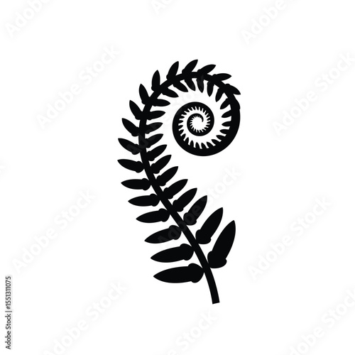 Black Fern Frond Silhouette Spiral Vector Icon