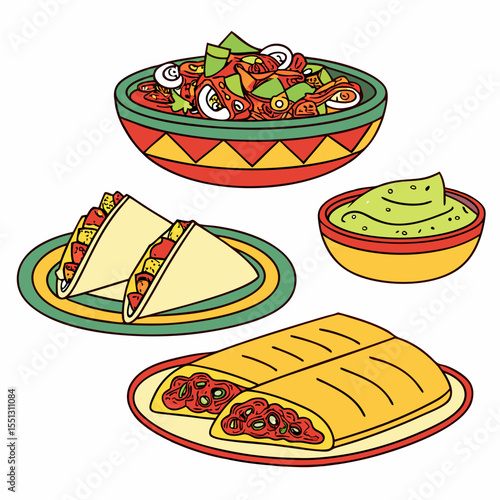 Colorful assortment of delectable Mexican-inspired cuisine illustration