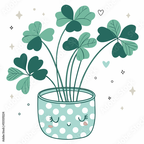 Charming clover illustration with cute plant pot character and lucky charm theme