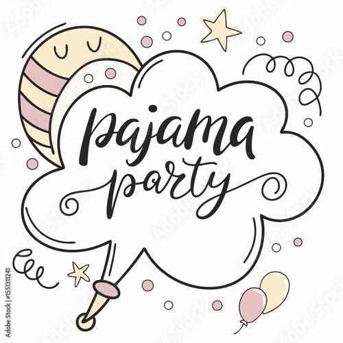 Whimsical pajama party illustration with cute moon, cloud and balloons design