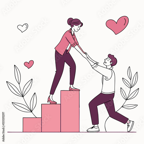 Supportive relationship illustrated through helping hand and stepping stones