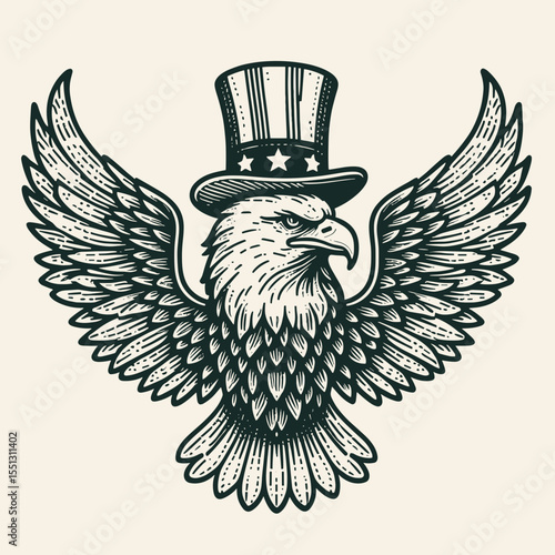 Bald Eagle with american flag overlay top hat Wings tucked (fast dive). Independence Day 4th of July Patriotism Usa America Clipart Line Art Vector Illustration. Patriotic in rapid plunge.