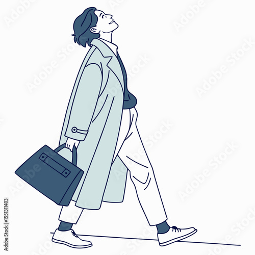 Stylish business person with blue coat carrying a briefcase, walking forward