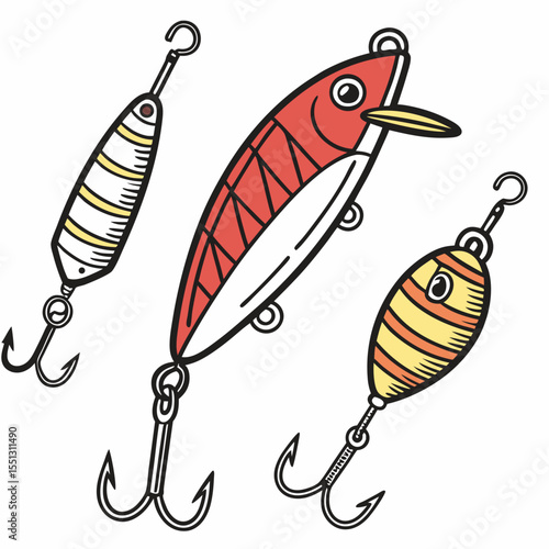 Stylized fishing lures illustration with colorful design and detailed outlines