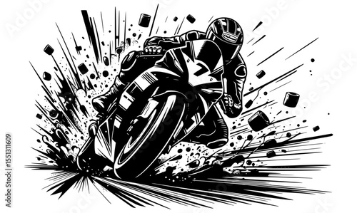 A comic-style black and white scene of a superbike drifting through a tight corner with debris flying off the track