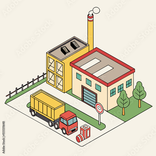 Isometric factory with delivery truck illustration of industrial area