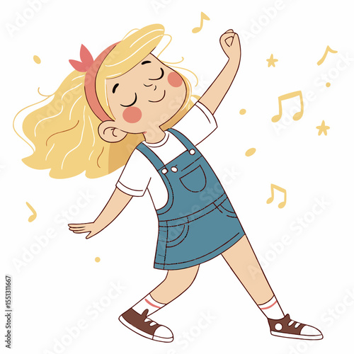 Animated girl dancing happily surrounded by musical notes and shining stars