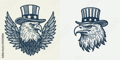Bald Eagle with american flag overlay top hat Wings down (mid flap). Independence Day 4th of July Patriotism Usa America Clipart Line Art Vector Illustration. Bird prey bearing star-spangled.