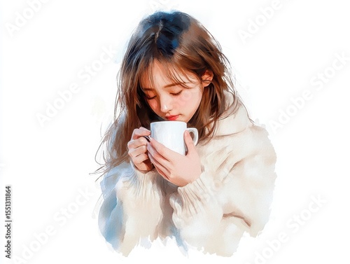 Young woman enjoying a warm cup of tea.