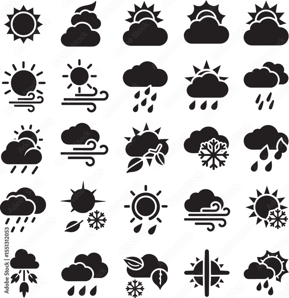 Twenty Five Black Glyph Weather Icons Set Sun Cloud Rain Wind Snow Leaves Meteorological Symbols Collection Twenty Five Black Glyph Weather Icons Set Sun Cloud Rain Wind Snow Leaves Meteorological Symbols Collection