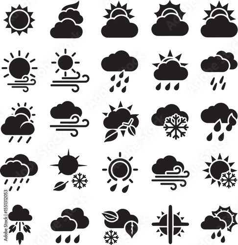 Twenty Five Black Glyph Weather Icons Set Sun Cloud Rain Wind Snow Leaves Meteorological Symbols Collection
