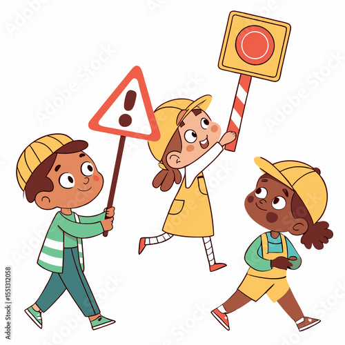 Cheerful children directing traffic, a joyful illustration