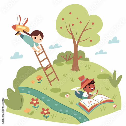 Children's playful exploration in a vibrant park setting