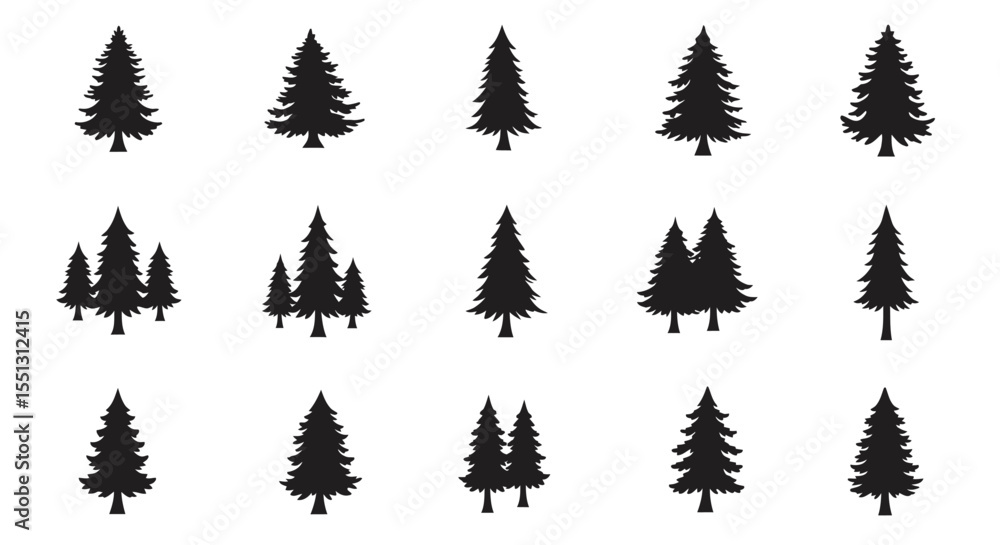 Obraz premium A festive winter forest illustration featuring a set of pine tree silhouettes and green fir tree vectors, perfect for Christmas holiday decoration