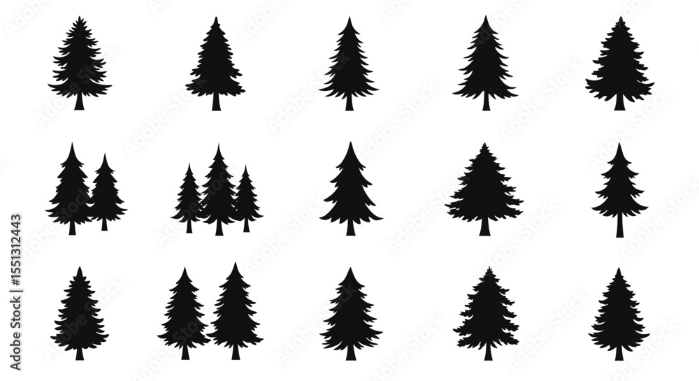 Obraz premium A vector illustration of a set of green pine trees, perfect for winter forest or Christmas holiday designs