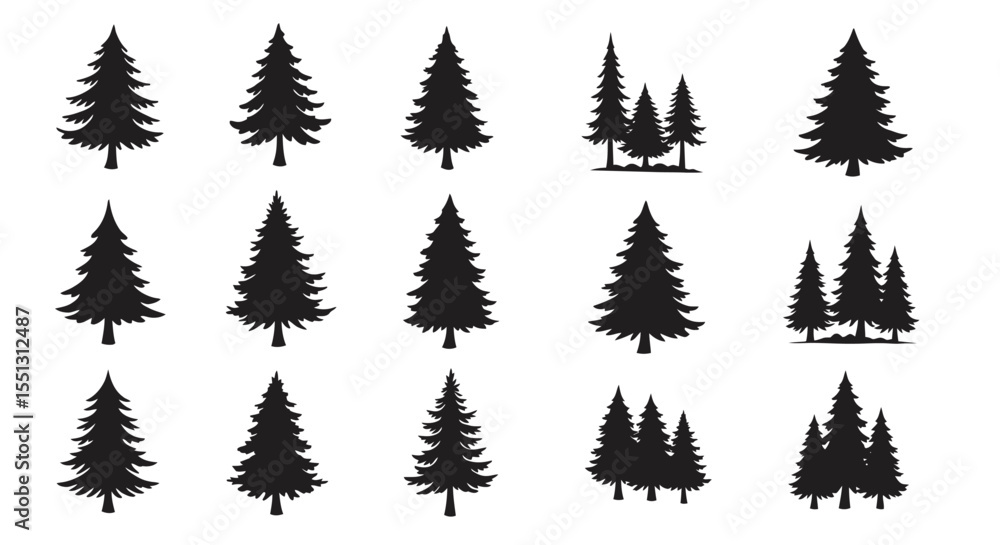 Fototapeta premium A festive vector illustration of a set of green pine and fir trees, perfect for winter holiday and new year celebrations with snow decoration