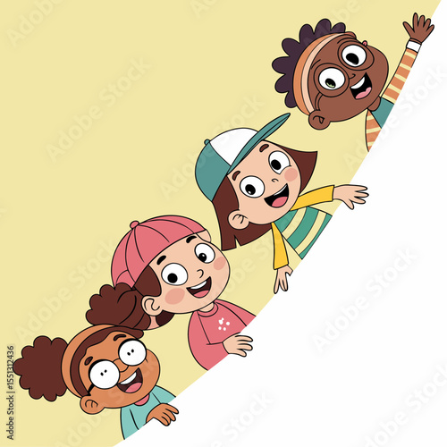 Four children peeking from behind a corner with happy expressions
