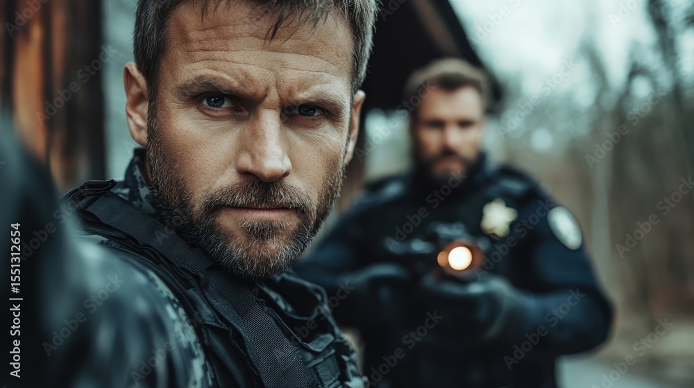 Fototapeta premium An intense moment captures a tactical officer's serious expression as he confronts a situation, highlighting themes of bravery, conflict, and the adrenaline of action-packed scenarios.