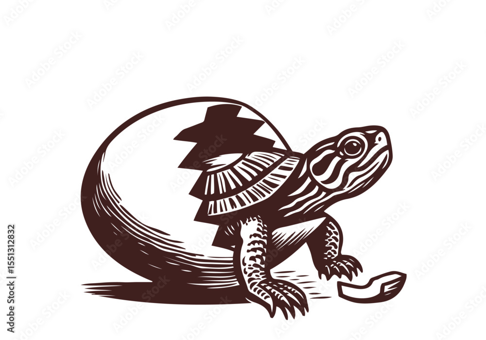 Obraz premium Yellow-Bellied Slider Hand Drawn Natural Illustration Stylized as Linocut Vector Isolated by AZ for Books, Arts, Design and Decoration Graphic Asset