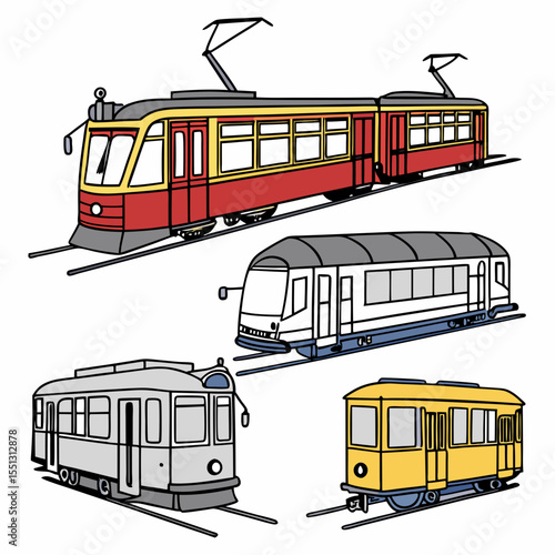 Vintage urban transit vehicles in various hues