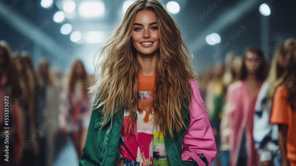 Obraz premium A model walks confidently in a vibrant outfit at a fashion show, showcasing the latest trends and styles in an energetic and colorful atmosphere filled with joy.