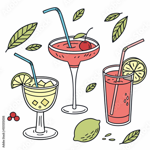 Colorful refreshing summer drinks illustration